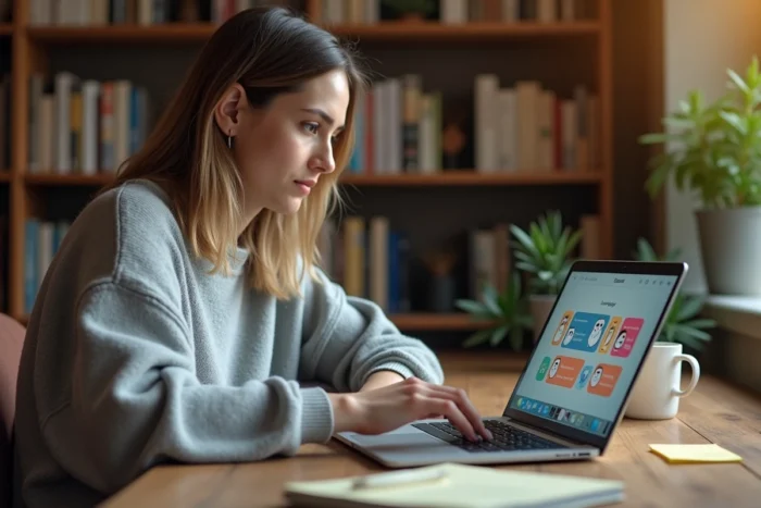Jeune femme consultant les formules d'abonnement Duolingo sur son ordinateur portable dans un bureau à domicile