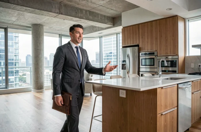 Agent immobilier présentant un appartement rénové avec vue sur la ville à un acheteur potentiel en 2024