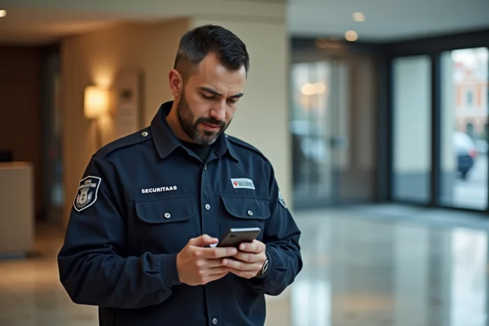 Agent de sécurité Securitas consultant son espace personnel sur smartphone à l'entrée d'un immeuble