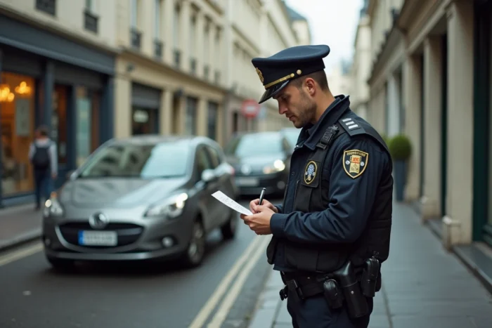 Agent de police verbalisant une infraction de stationnement en émettant une amende forfaitaire dans une rue urbaine