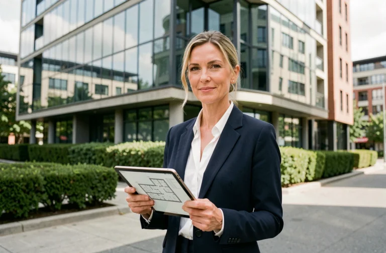 Agente immobilière professionnelle devant un immeuble moderne tenant une tablette avec des plans architecturaux en 2024