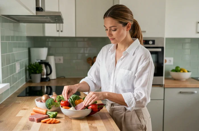 Femme préparant un repas équilibré et sain pour accompagner un programme minceur ciblant les hanches