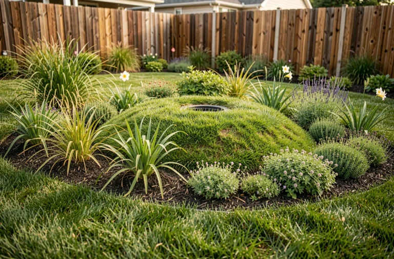 Aménagement paysager autour d'une fosse septique avec plantes vivaces et herbes ornementales dans un jardin résidentiel