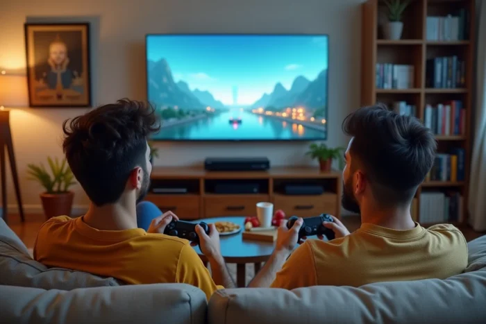 Deux amis jouant ensemble aux jeux vidéo dans un salon décoré d'objets geek et de culture pop