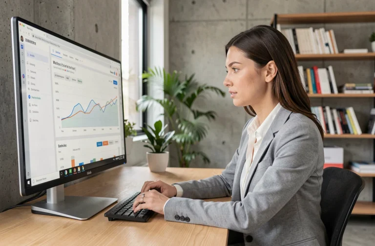 Femme professionnelle analysant les performances d'un site web sur un écran d'ordinateur dans un bureau moderne
