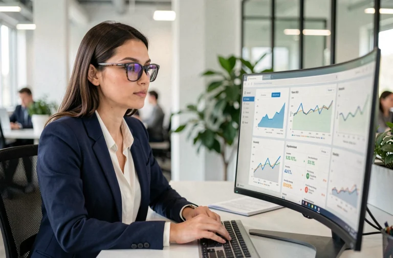Femme analyste SEO examinant des tableaux de bord de visibilité web sur un grand écran courbe dans un espace de coworking moderne