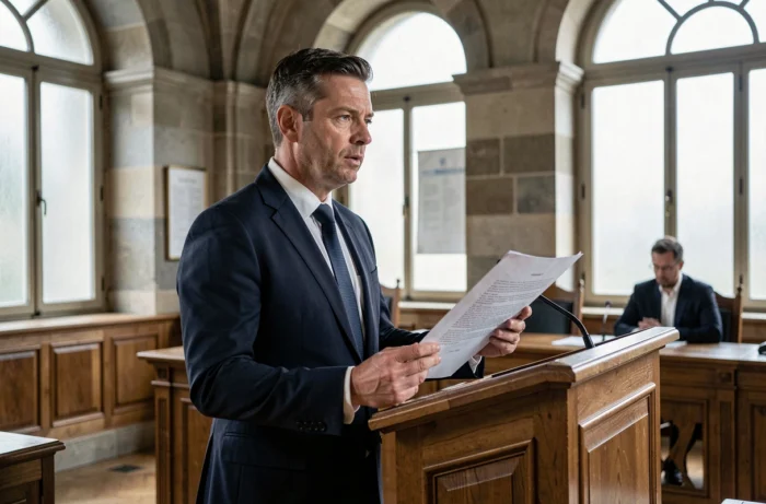 Avocat en costume marine plaidant devant un tribunal civil français, illustrant la distinction entre déboutement et rejet d'une requête juridique