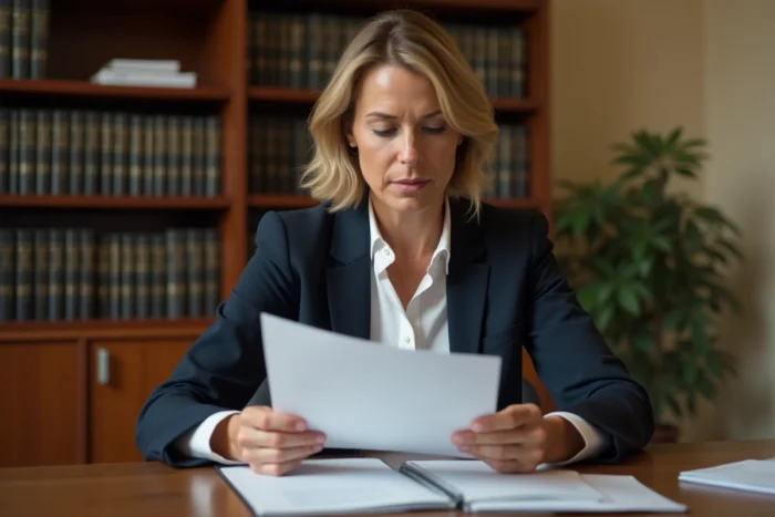 Avocate examinant des documents juridiques relatifs à une amende forfaitaire dans un cabinet de droit