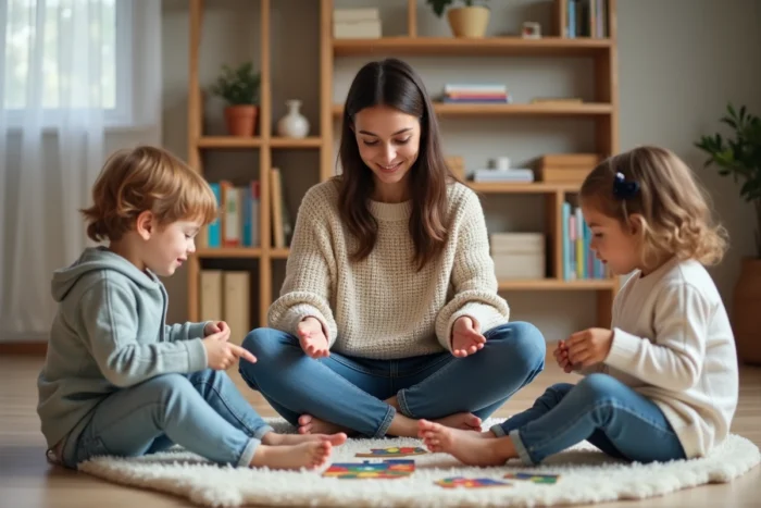 Jeune baby-sitter assise sur un tapis avec des enfants faisant un puzzle dans un salon chaleureux et moderne