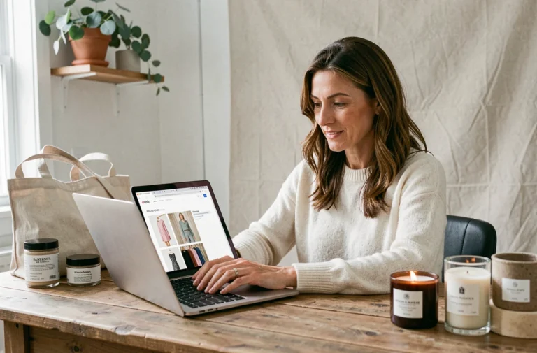 Femme élégante parcourant la boutique en ligne de Jennifer Garner sur un ordinateur portable entouré de produits lifestyle soigneusement sélectionnés