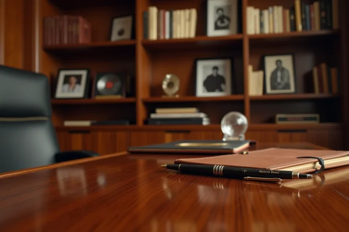 Bureau d'un producteur musical prospère à Beverly Hills avec disques d'or et récompenses de l'industrie du divertissement américain