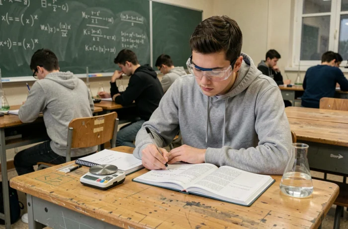 Étudiant en chimie calculant la concentration volumique avec des formules dans un carnet en laboratoire universitaire