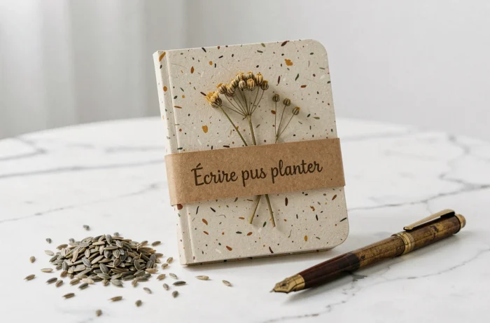 Carnet en papier ensemencé avec fleur séchée sur la couverture et bande kraft 'Écrire puis planter', posé sur marbre blanc avec graines de fleurs sauvages