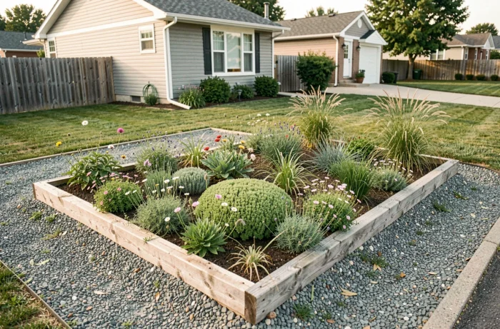 Zone de champ d'épandage de fosse septique aménagée avec fleurs sauvages et graminées ornementales devant une maison résidentielle