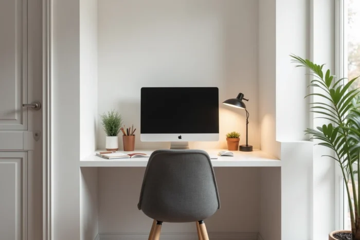 Coin bureau aménagé dans une alcôve de salon avec bureau blanc, chaise ergonomique et décoration minimaliste pour un espace de travail productif