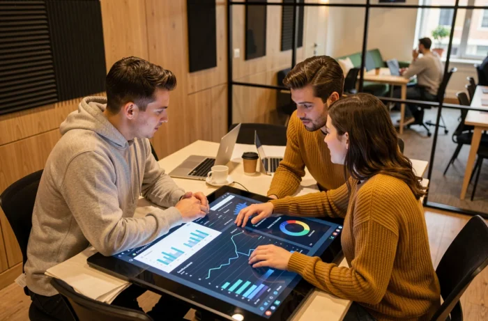 Deux collègues analysant des données d'intelligence artificielle sur une table tactile interactive dans un espace de coworking