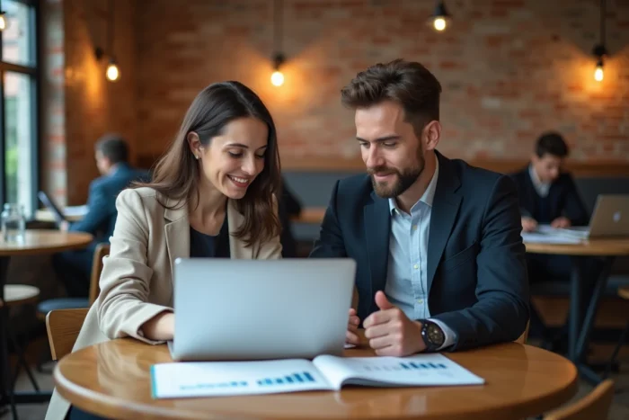 Deux collègues collaborant sur une stratégie d'investissement en actions dans un espace de coworking moderne