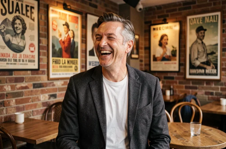 Homme souriant dans un café parisien, évoquant la vie amoureuse et personnelle d'un comédien célèbre