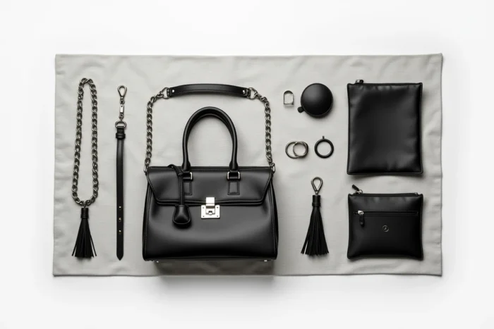 Composition à plat des différentes parties démontées d'un sac à main en cuir noir : sangle, quincaillerie, pochette intérieure, fermoir et breloque