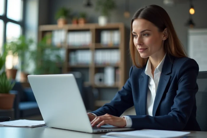 Femme chercheuse connectée à la messagerie INRAE sur son ordinateur portable dans un bureau institutionnel