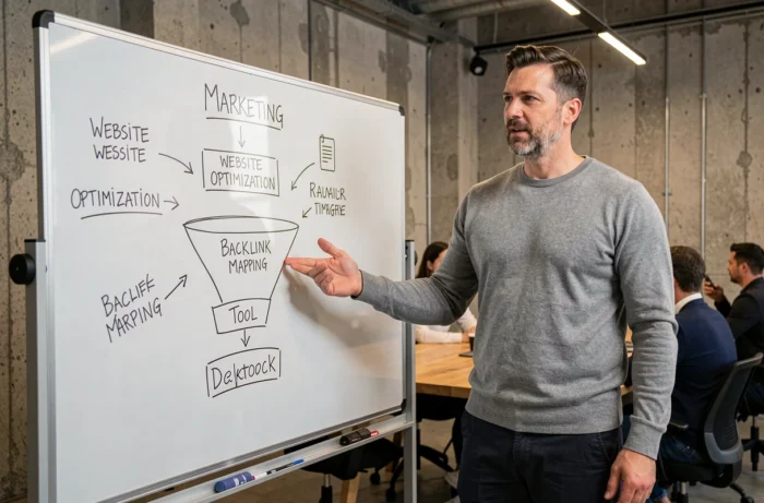 Consultant en marketing digital présentant une stratégie de visibilité web sur un tableau blanc dans une salle de réunion de startup