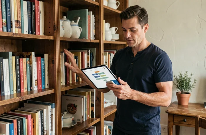 Homme consultant le plan de navigation d'un site gastronomique sur une tablette dans un bureau maison décoré de livres de cuisine