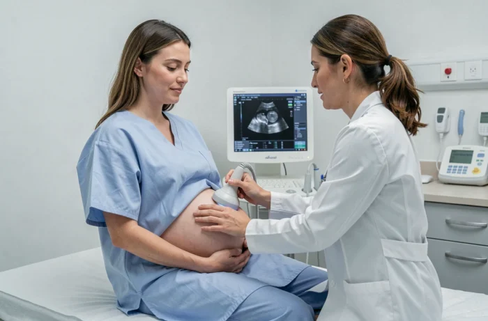 Consultation prénatale avec une sage-femme réalisant une échographie sur une future maman dans un cabinet médical moderne