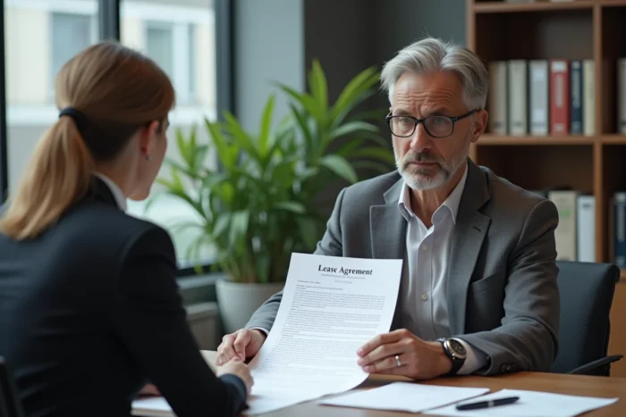 Négociation d'un contrat de location entre deux personnes dans un bureau administratif