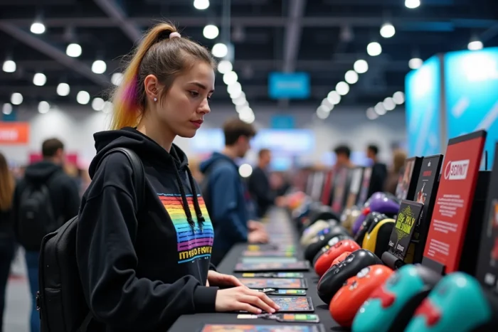 Femme passionnée de culture pop explorant des figurines et produits dérivés lors d'une convention geek et jeux vidéo