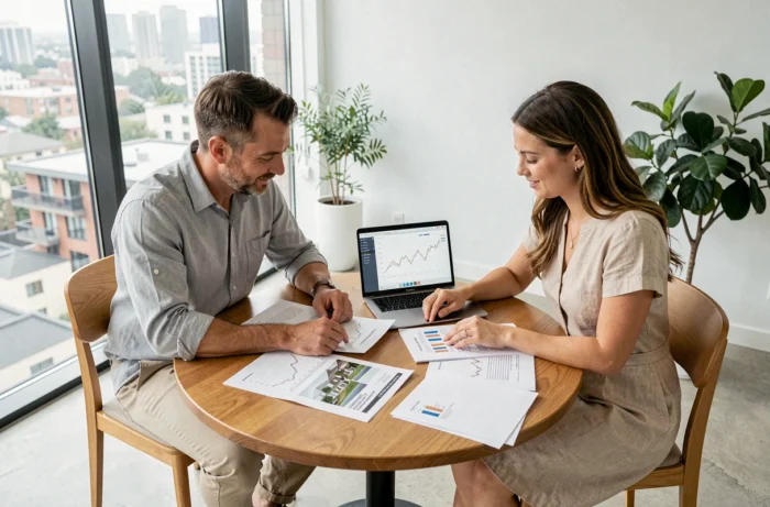 Couple examinant des documents immobiliers et des tendances du marché dans une agence moderne en 2024