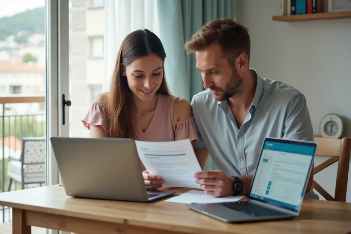 Couple examinant ensemble les documents d'une attestation d'assurance villégiature dans un appartement de vacances côtier