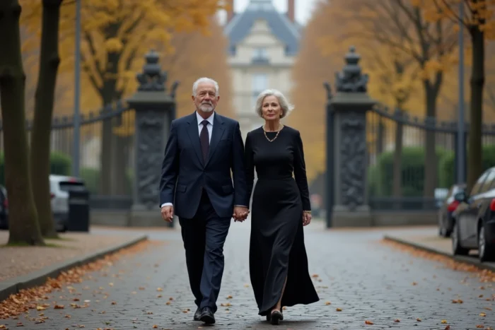 Couple élégant et discret se promenant dans une avenue parisienne, illustrant la vie privée et raffinée d'un homme fortuné de l'industrie musicale