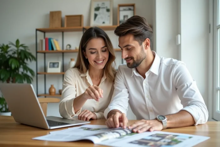 Couple d'investisseurs immobiliers analysant des opportunités locatives sur un ordinateur portable à domicile