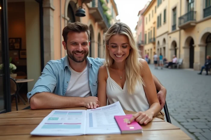 Couple consultant un permis de conduire rose français et des documents de voyage dans un café en Europe