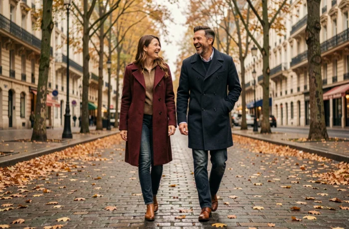 Couple heureux se promenant sur un boulevard parisien en automne, illustrant une relation amoureuse épanouie