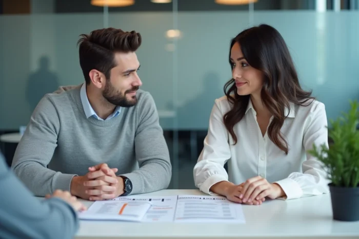 Couple en rendez-vous bancaire pour comprendre le délai d'acceptation d'offre de prêt