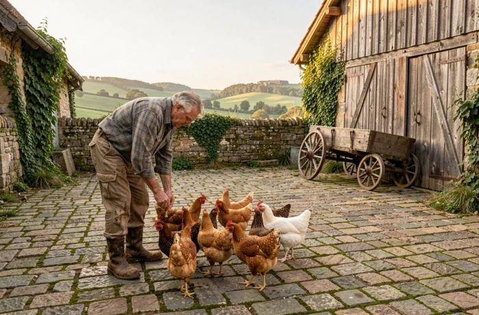 Agriculteur âgé nourrissant ses poules en liberté dans la cour pavée d'une fermette rurale traditionnelle entourée de collines verdoyantes