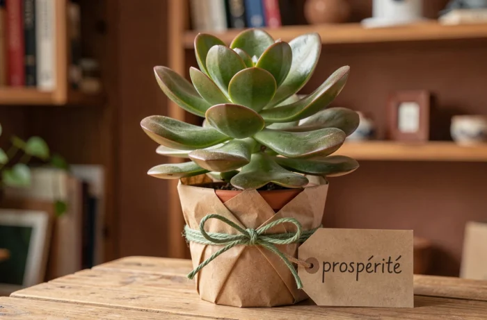 Crassula ovata arbre de jade dans un pot en terre cuite emballé de papier kraft avec une étiquette 'prospérité', présenté comme cadeau de mariage