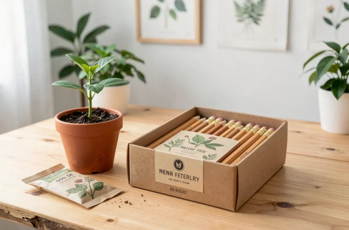 Crayons à planter dans une boîte kraft avec étiquette botanique, posés sur bois naturel avec un semis en pot, présentés comme cadeau de mariage écologique