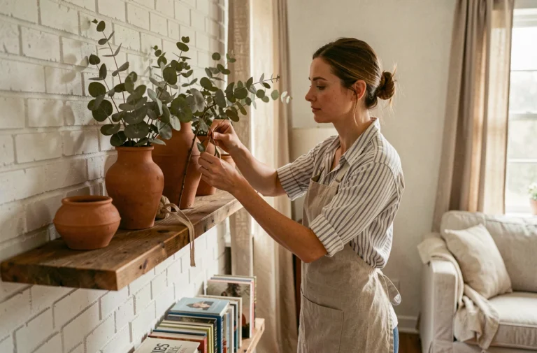 Femme arrangeant des branches d'eucalyptus et des vases en terre cuite sur une étagère en bois rustique dans un salon cosy au décor DIY