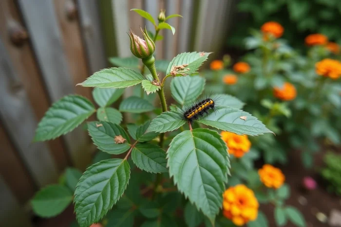Rosier aux feuilles endommagées par des chenilles jaunes et noires dans un jardin de banlieue, montrant les dégâts typiques de ces insectes