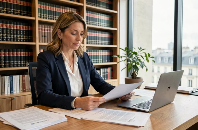 Femme entrepreneur consultant des documents juridiques dans un cabinet d'avocat moderne en France
