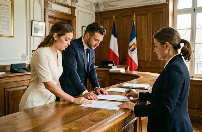 Couple déposant les documents de mariage civil au guichet de la mairie avec une officière d'état civil