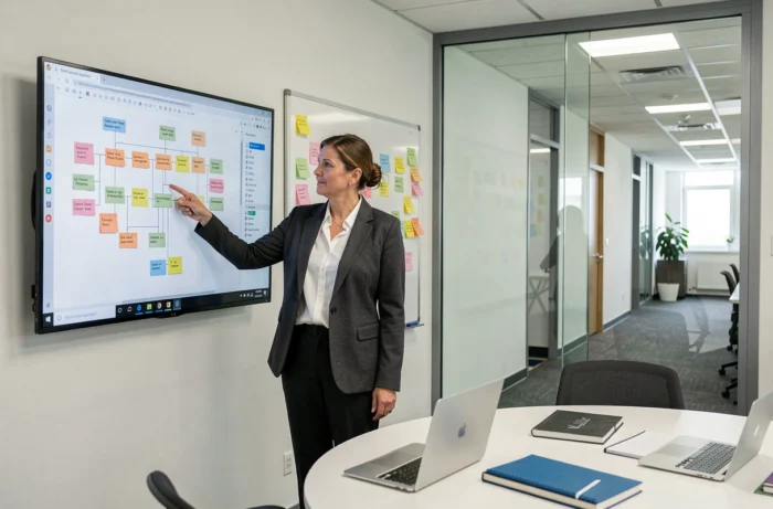 Designer UX présentant l'architecture d'un sitemap sur un écran mural dans une salle de réunion professionnelle
