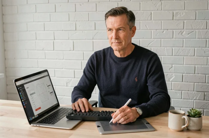 Designer UX masculin travaillant sur la conception d'un site web avec un ordinateur portable et une tablette graphique à domicile
