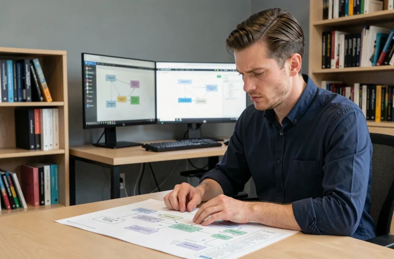 Développeur web analysant un diagramme de sitemap imprimé sur un bureau en bois dans un bureau moderne