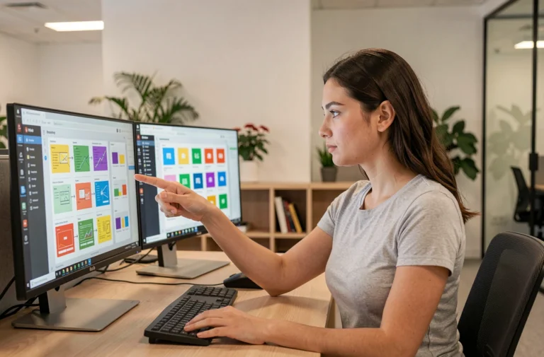 Développeuse analysant des interfaces graphiques GUI et UI sur deux écrans d'ordinateur dans un bureau moderne