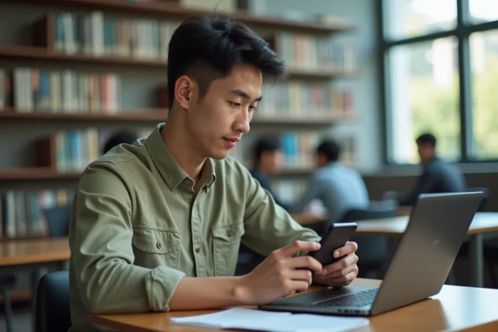 Jeune chercheur effectuant une double authentification pour se connecter à la messagerie INRAE depuis une bibliothèque universitaire