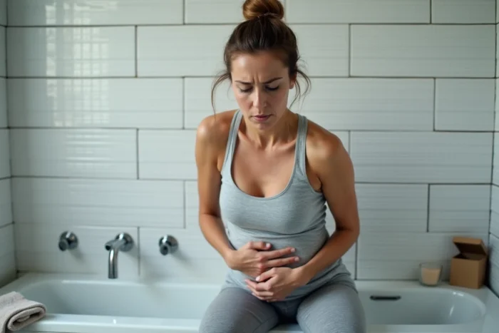 Femme ressentant un inconfort digestif dans une salle de bain, illustrant les effets secondaires possibles d'un thé détox comme Lulutox sur la santé