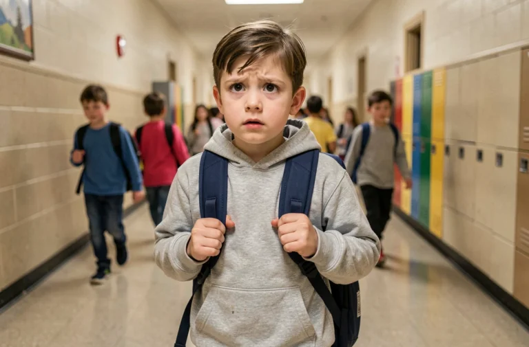Jeune garçon anxieux à l'entrée d'un couloir d'école primaire, symbolisant la didaskaleinophobie ou peur de l'école